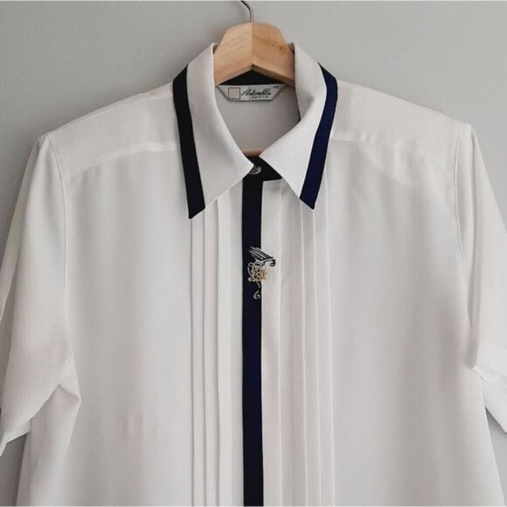 Vintage ANTONELLA Semi-Sheer Short Sleeve Button Down Blouse White Sz 12 P Flaw - Picture 2 of 15